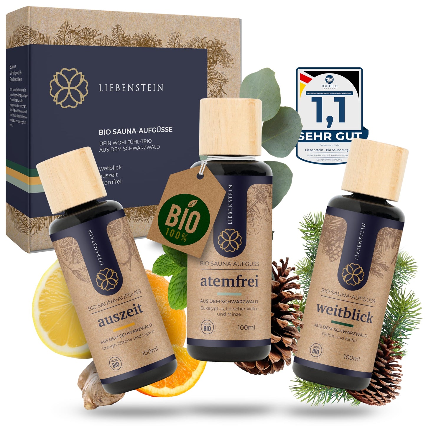 Liebenstein® ORGANIC Sauna infusion SET "Feel-good Trio" [3x100ml sauna infusions] with 100% pure organic oils - regional and sustainable - Black Forest Sauna Set for an intense aroma experience.