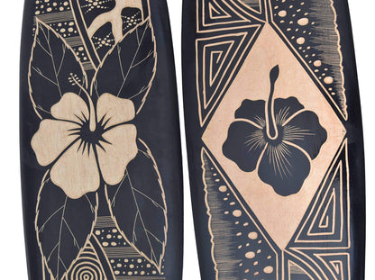 Interlifestyle 2 Tiki Decor Surfboards made of hard wood 100cm with hibiscus design. Surfboard surfboard Hawaii black.