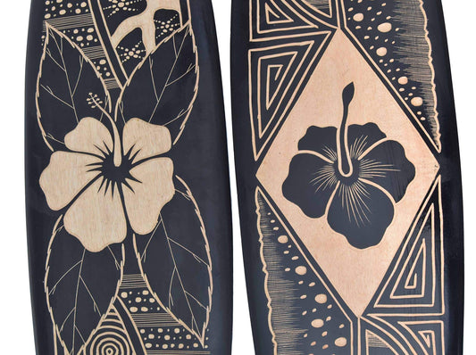 Interlifestyle 2 Tiki Decor Surfboards made of hard wood 100cm with hibiscus design. Surfboard surfboard Hawaii black.