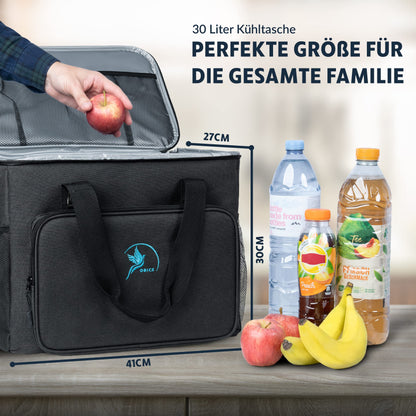 Obic's large cool bag 30L black thermos bag for food at work - insulated bag for men & women - cool bag meal prep large on the go - freezer bag foldable with compartments for car, beach