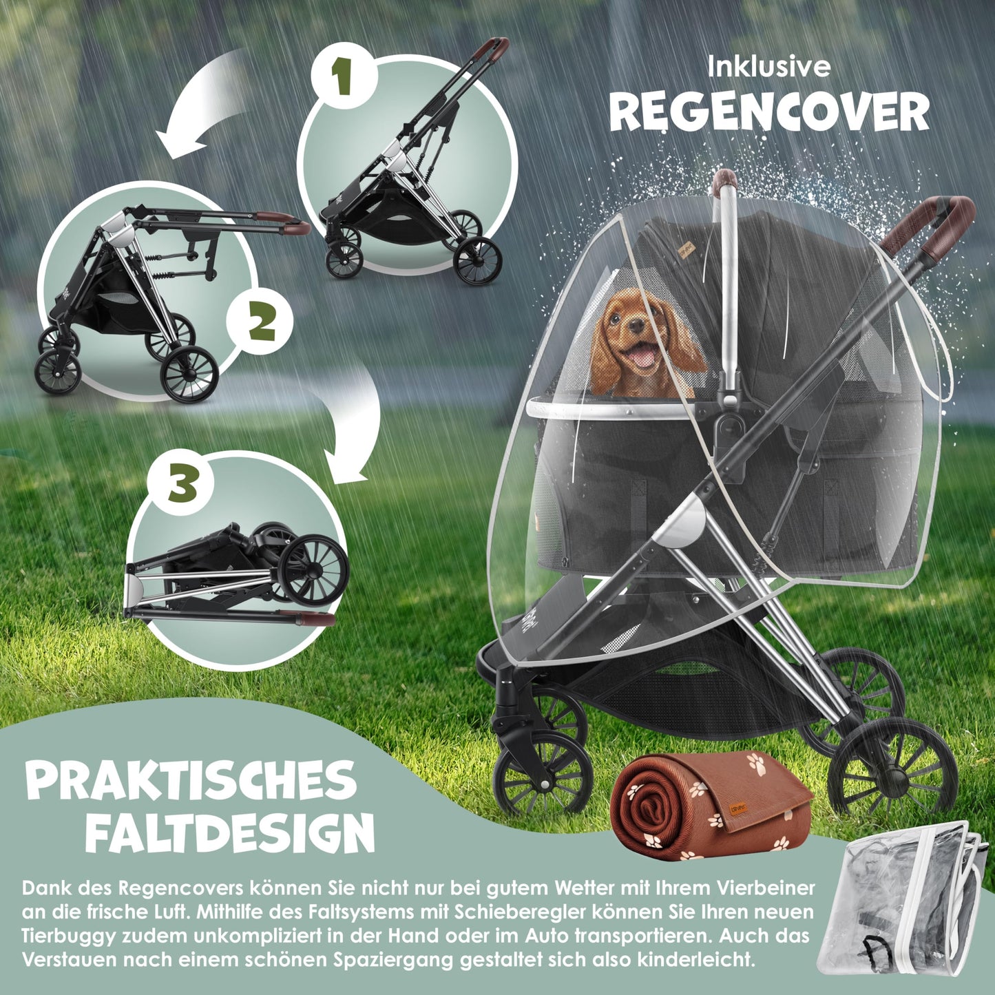 LOVPET® Dog Stroller 3in1 for dogs up to 20kg, dog crate, transport bag, foldable, collapsible, large wheels, mesh windows, rain cover, cup holder, cuddle blanket, cat stroller, jogger buggy for pets.
