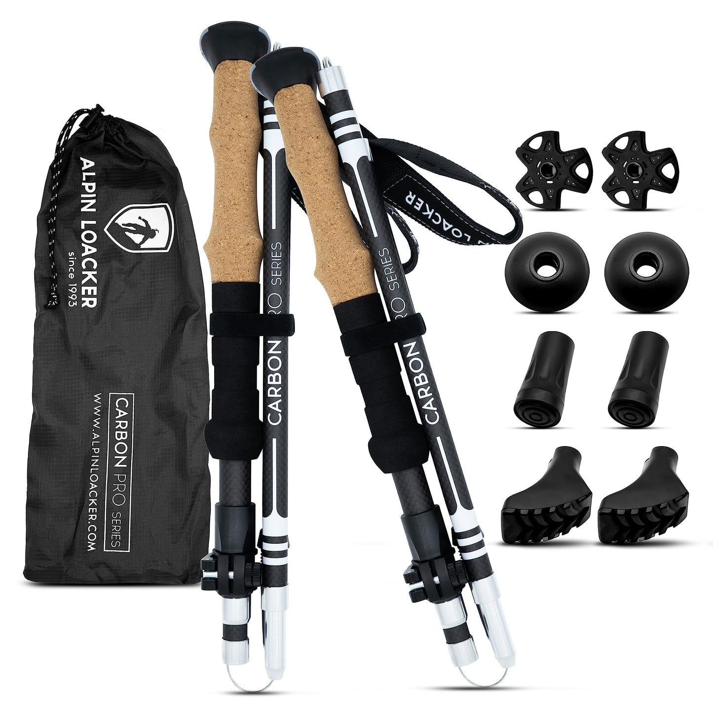 ALPIN LOACKER Folding Carbon Hiking Poles with Cork Grip I Women's Nordic Walking Poles I Lightweight Foldable Telescopic Trekking Poles for Mountain Sports, 115-135 cm