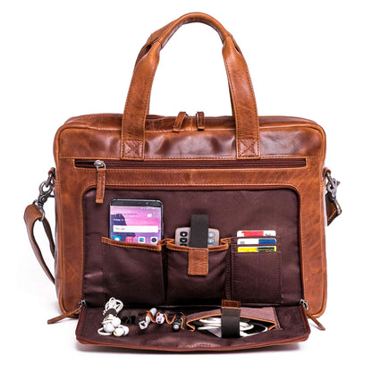 ALMADIH leather laptop bag briefcase BRUNO deluxe - premium business bag shoulder bag men's messenger work bag shoulder bag document suitcase loop brown (BRUNO antique)
