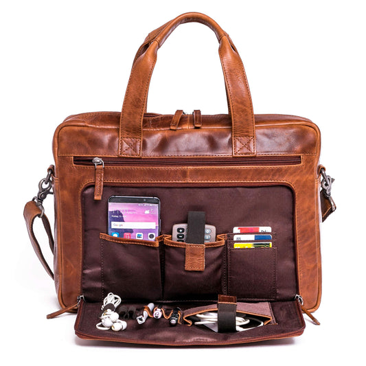 ALMADIH leather laptop bag briefcase BRUNO deluxe - premium business bag shoulder bag men's messenger work bag shoulder bag document suitcase loop brown (BRUNO antique)