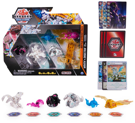 Bakugan 'Evolutions' Battle Strike 6-pack with 1 Platinum Ball (Haos Wrath), 2 Basic Balls (Darkus Trox, Haos Nillious), 1 Geogan (Aurelus Insectra), 2 Nanogan (Aquos Blade, Darkus Clutch)