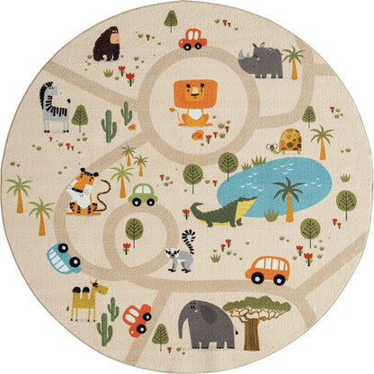 The carpet Happy Life children's room, children's carpet, play carpet, street carpet, street, jungle, animals, car, beige, 120 x 160 cm