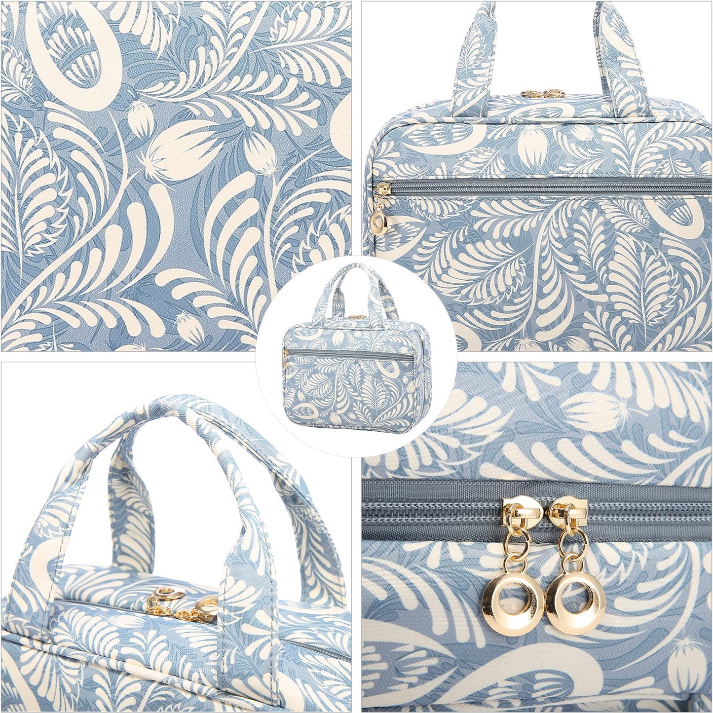 LOVEVOOK Toiletry Bag for Women, Waterproof Hanging Toiletry Bag, Foldable Cosmetic Bag Large with 360° Rotating Hook Blue Leaves.