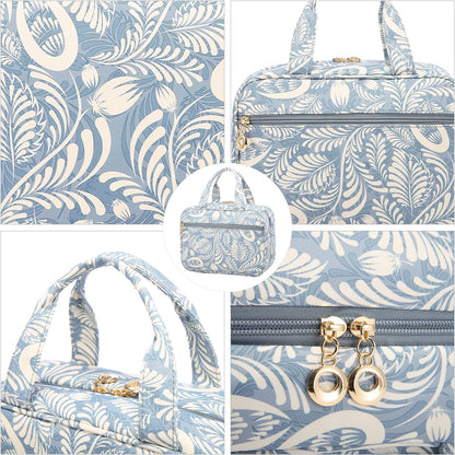 LOVEVOOK Toiletry Bag for Women, Waterproof Hanging Toiletry Bag, Foldable Cosmetic Bag Large with 360° Rotating Hook Blue Leaves.