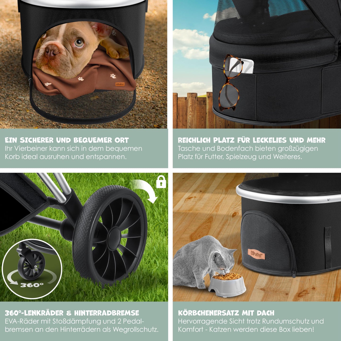 LOVPET® Dog Stroller 3in1 for dogs up to 20kg, dog crate, transport bag, foldable, collapsible, large wheels, mesh windows, rain cover, cup holder, cuddle blanket, cat stroller, jogger buggy for pets.