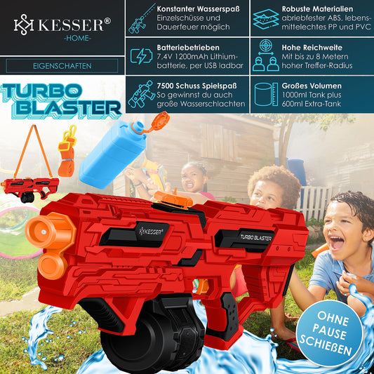 KESSER® Electric Water Gun with Battery, 1000 ml Large Water Blaster for Kids and Adults, 8m Range, Water Toy with Battery, Charging Cable & Extra Tank Red/Black