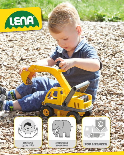 Lena 4211 EcoActives Excavator, construction vehicle approx. 35 cm, sturdy shovel excavator, natural wood scent due to ecological wood content, sand digger for children aged 2 and up, yellow play vehicle