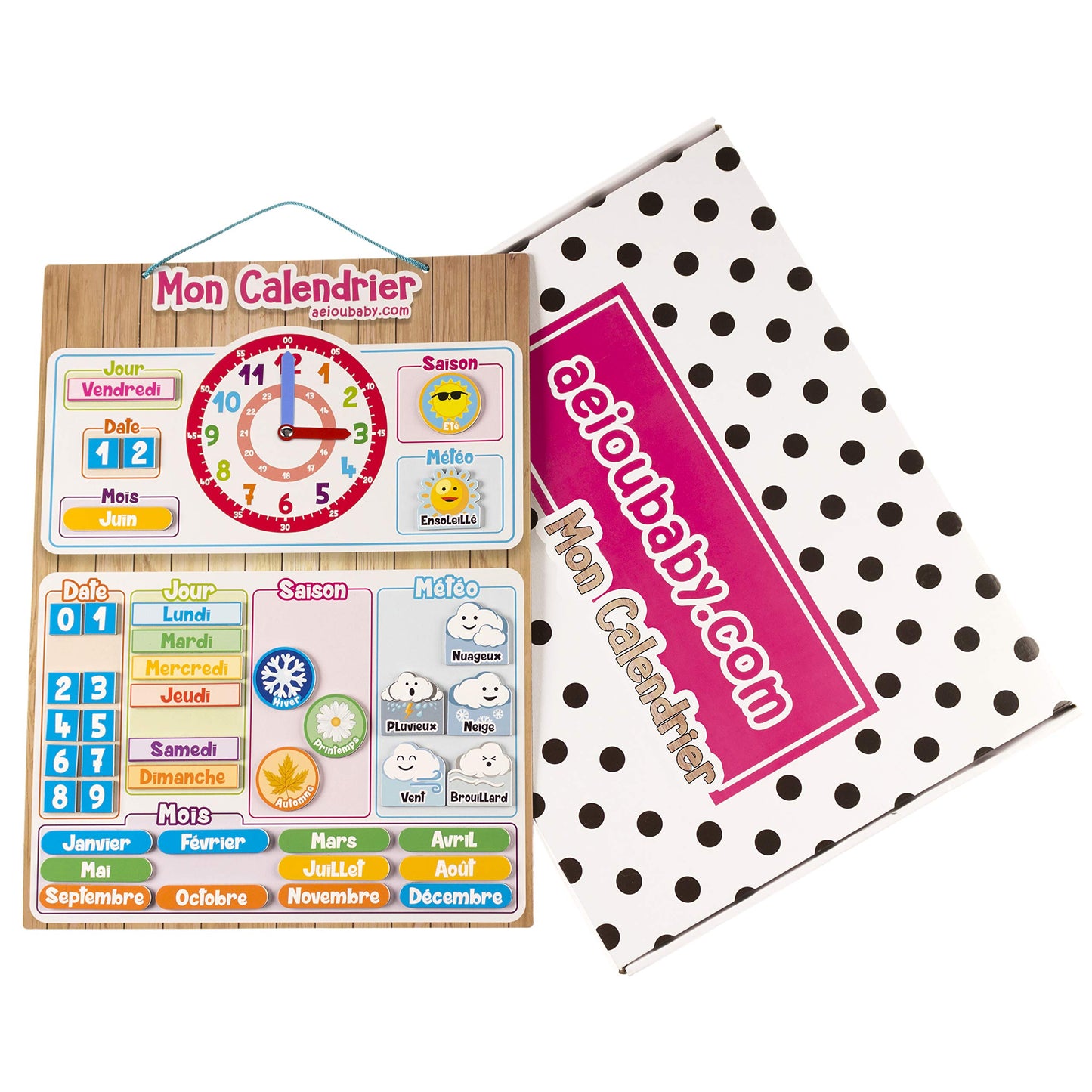 MAGNETIC KIDS CALENDAR CLOCK, Educational game Date Weather and Time for Wall or Fridge, 43x32cm. Ideal box as a gift for children's birthday at school or kindergarten. (French)