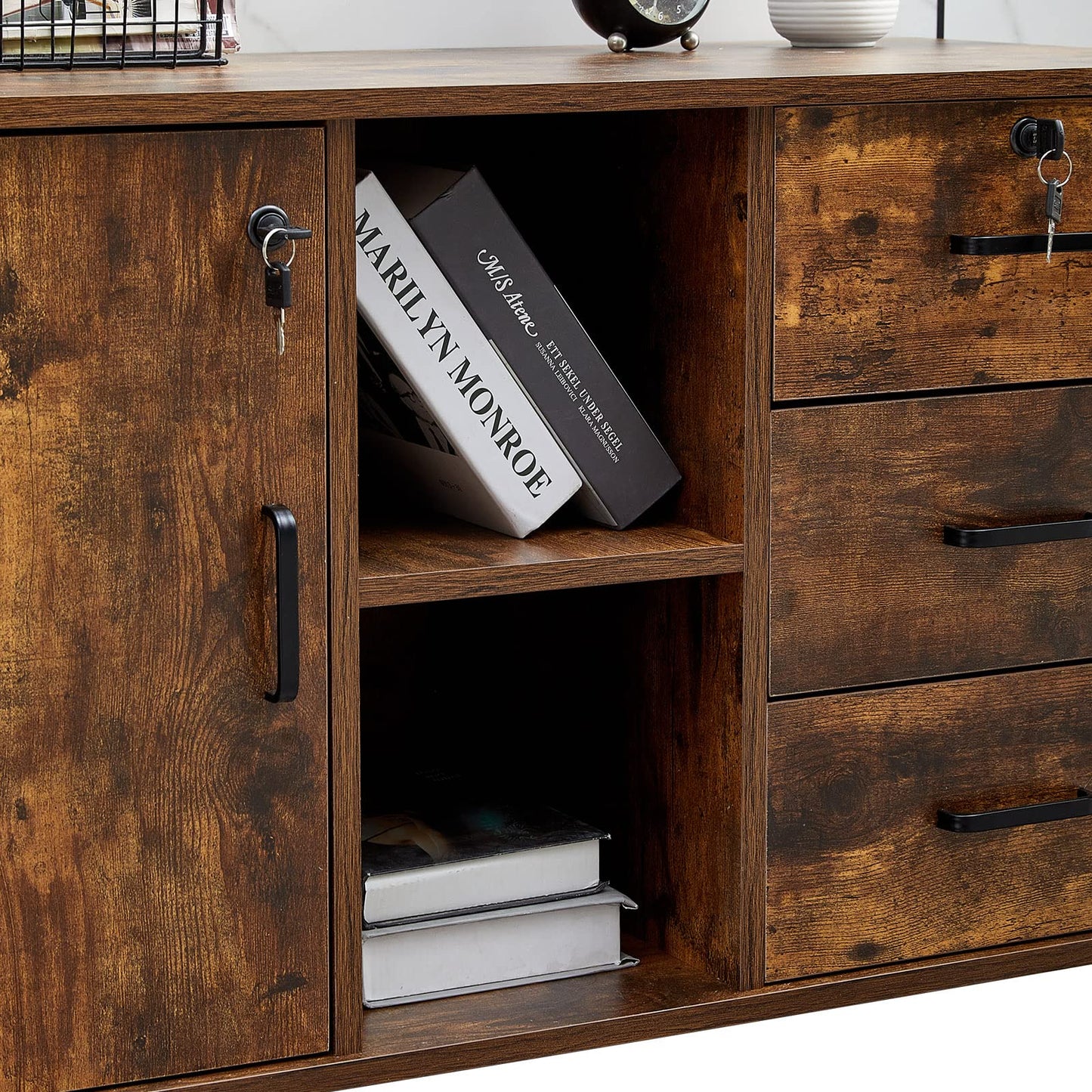 OFCASA Mobile File Cabinet with 3 drawers, lockable office rolling cabinet with wheels, 1 door, 2 shelves, 2 locks, industrial wood storage cabinet for home office, 90 x 40 x 55 cm