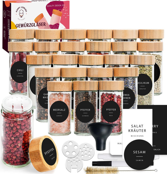 Happy Lemuro Spice Jars Round [24 x 100 ml] 435 Labels in German | Spice Containers with Wooden Lids & Accessories - Airtight - Set of 24 Spice Jars, Spice Storage Jars.