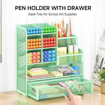 VITVITI Desk Organizer, 10 Compartments Pen Holder with Drawer, Metal Mesh Pen Stand, Desk Pen Holder for School Home Office (Green)