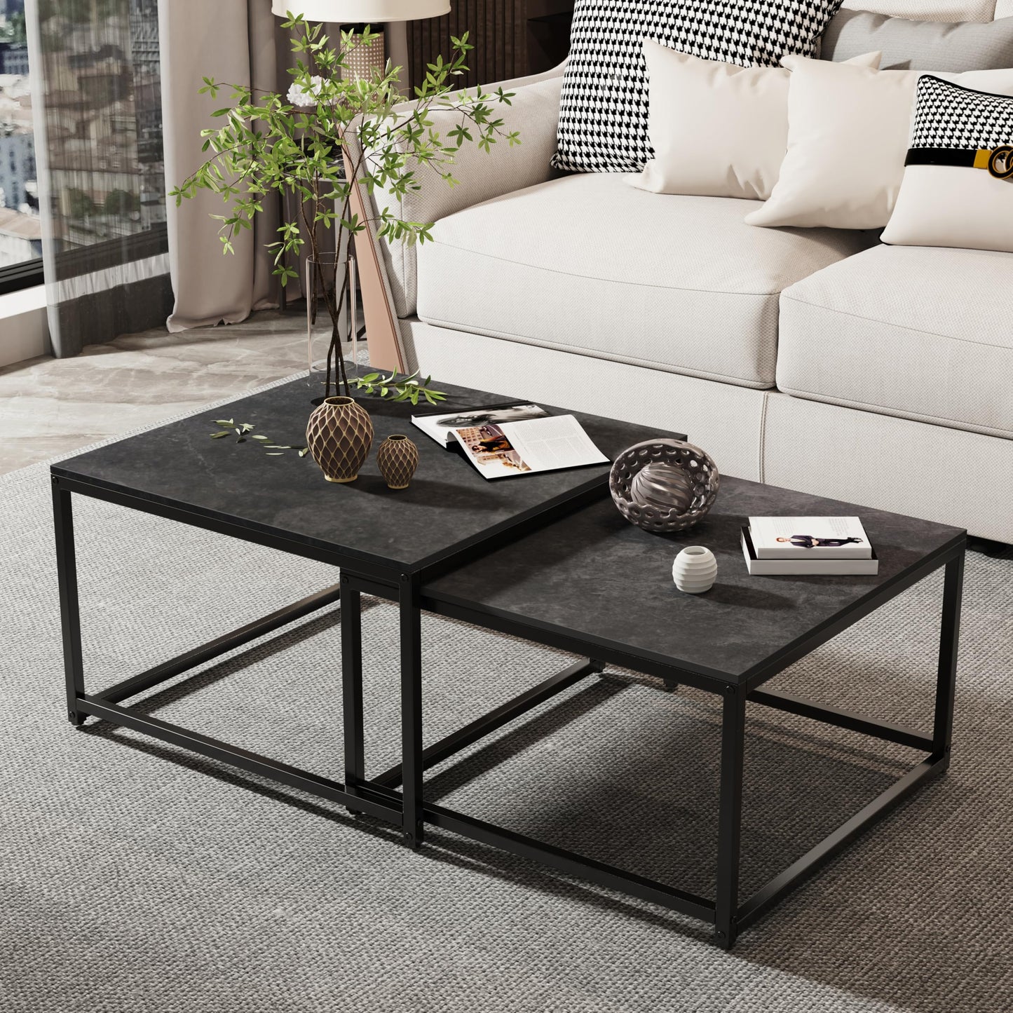 FATIVO Coffee Table Black Marble Living Room Table: set of 2 side tables modern square with metal frame for large living room: 65×65×40cm small: 60×60×34cm