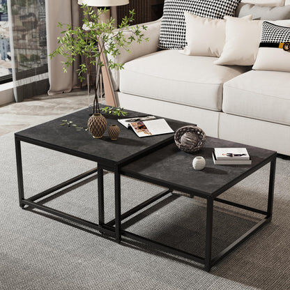 FATIVO Coffee Table Black Marble Living Room Table: set of 2 side tables modern square with metal frame for large living room: 65×65×40cm small: 60×60×34cm