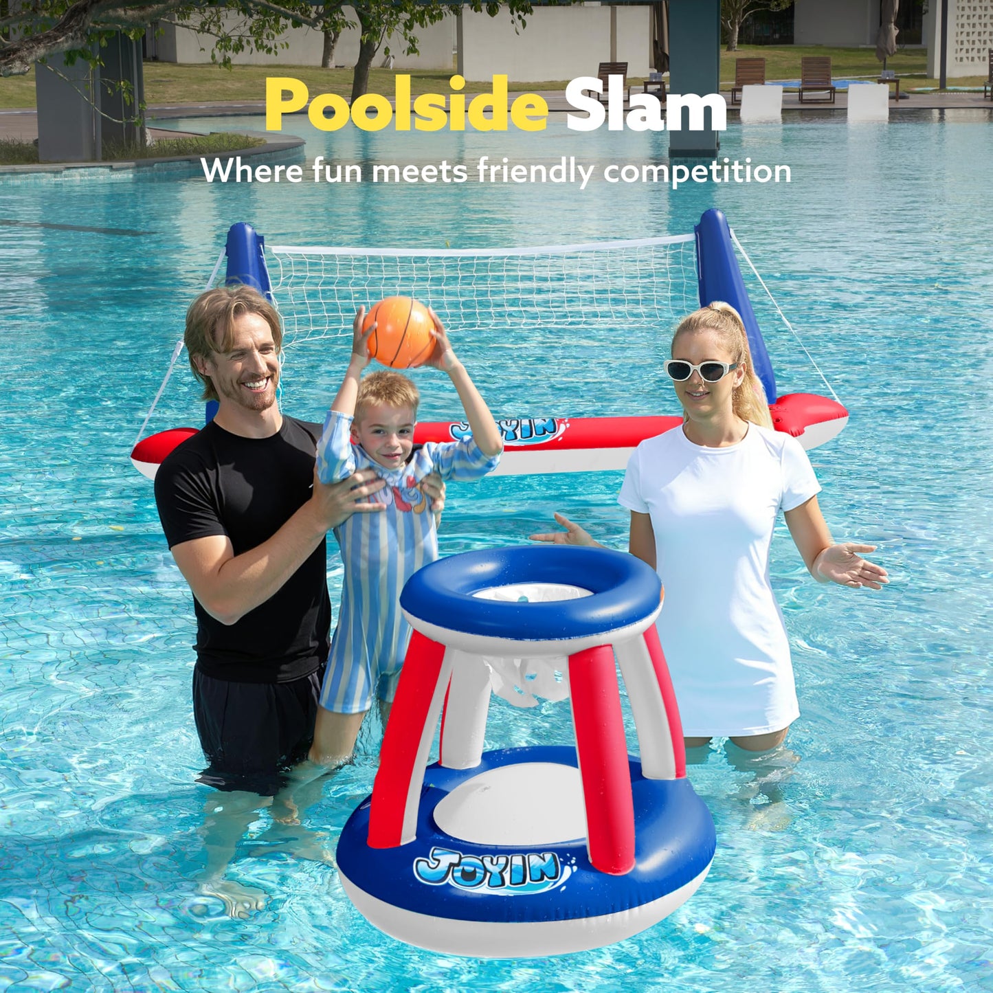 JOYIN Inflatable Pool Float Set, Volleyball Net & Basketball Hoops & Balls for Kids and Adults, Water Ball Game Pool Toy Volleyball Basketball Pool Toy, Water Sports Summer Toy