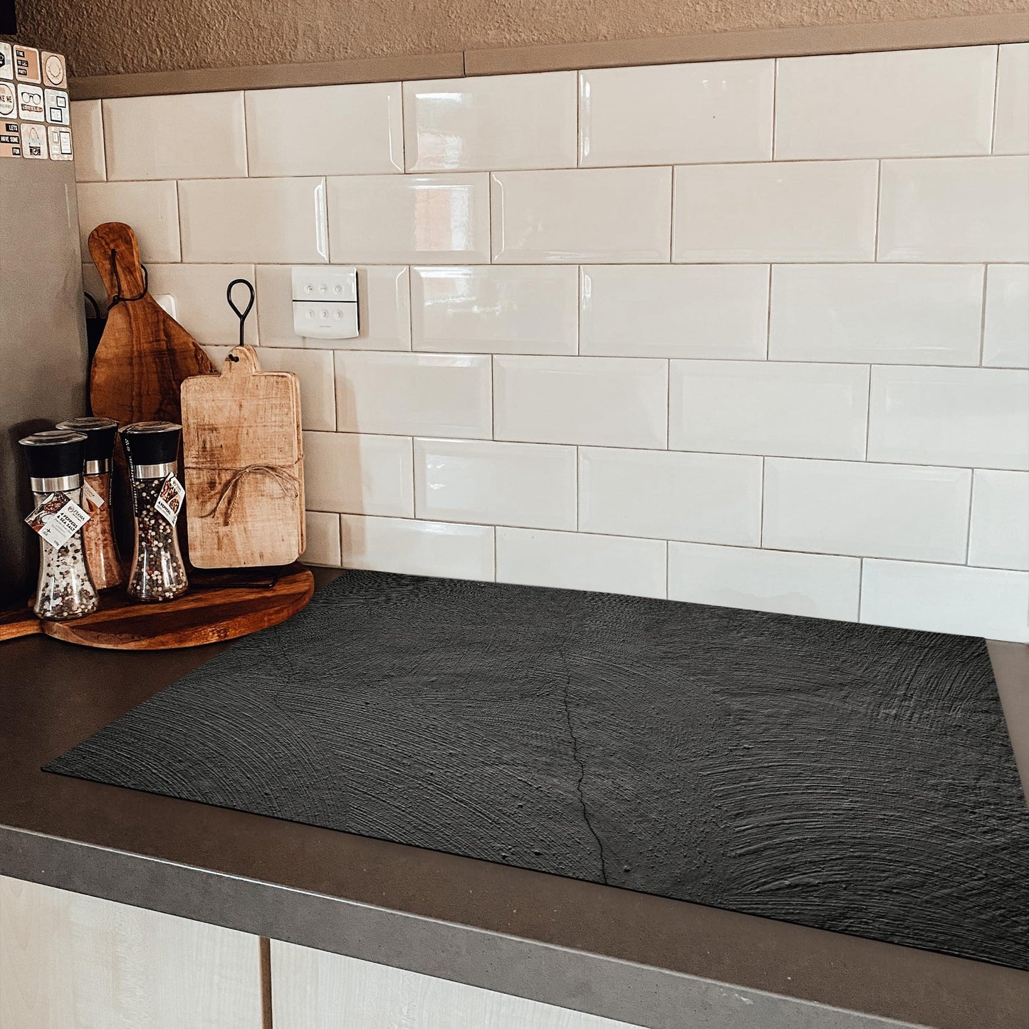 KitchenYeah© stove cover One-piece kitchen stove cover Induction hob ceramic hob stove covers Vinyl mat Rollable Concrete - Black - Gray - Solid - Industrial - 80x52 cm