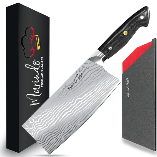 Marindo Chinese chef's knife stainless steel | 18cm blade length | Kitchen cleaver with triple-riveted wooden handle | Chinese cleaver knife | Extremely sharp meat cleaver | Includes gift box