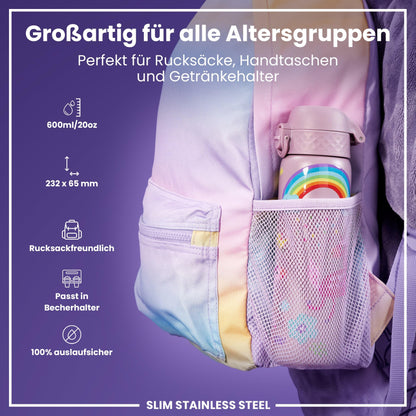 ion8  Lightweight Steel Water Bottle 600ml Non-Insulated Leakproof One-Hand Opening Secure Lock Dishwasher Safe Flip Lid Carrying Handle Easy to Clean, Lilac Unicorn
