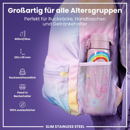 ion8  Lightweight Steel Water Bottle 600ml Non-Insulated Leakproof One-Hand Opening Secure Lock Dishwasher Safe Flip Lid Carrying Handle Easy to Clean, Lilac Unicorn