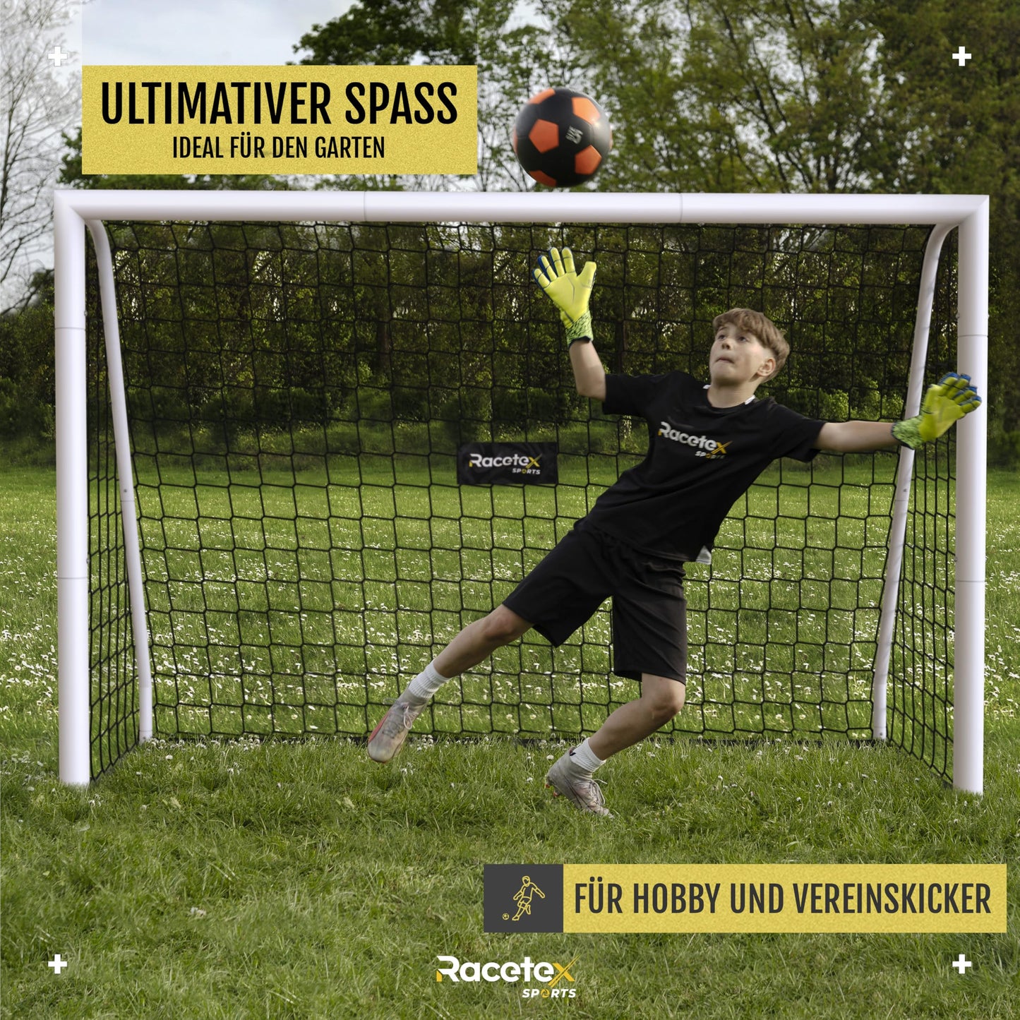 RaceTex Soccer Goals for garden kids and adults [EXTREMELY TOUGH] - Soccer goal for kids with solid steel frame front - Soccer goals including stainless steel ground anchors - The perfect goal for the garden 240