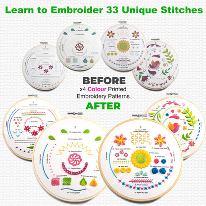 Azenera Embroidery Kit for Beginners - Complete set with video instructions, 4 patterned fabrics, threads, bamboo hoop & tools - Easy way to learn Embroidery (AZA100)
