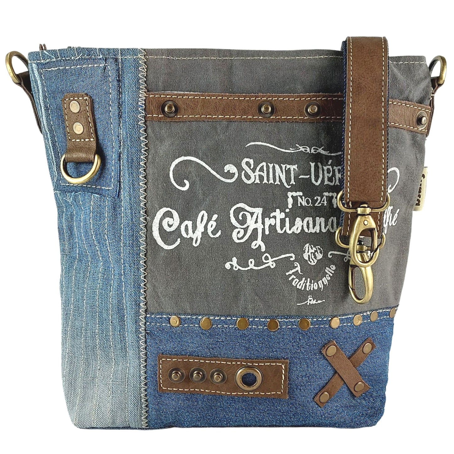 Sunsa women's shoulder bag. Crossbody bag made of canvas recycled jeans & leather. Large vintage sustainable grey handbag as gift ideas for women/girls.