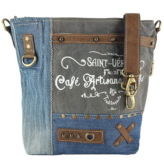 Sunsa women's shoulder bag. Crossbody bag made of canvas recycled jeans & leather. Large vintage sustainable grey handbag as gift ideas for women/girls.