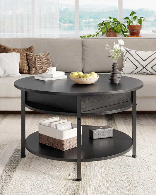 Round coffee table with lift top, height-adjustable coffee table, side table, living room table with hidden storage, open compartment, metal frame, for living room, office, 70 x 70 x 50 cm, Black