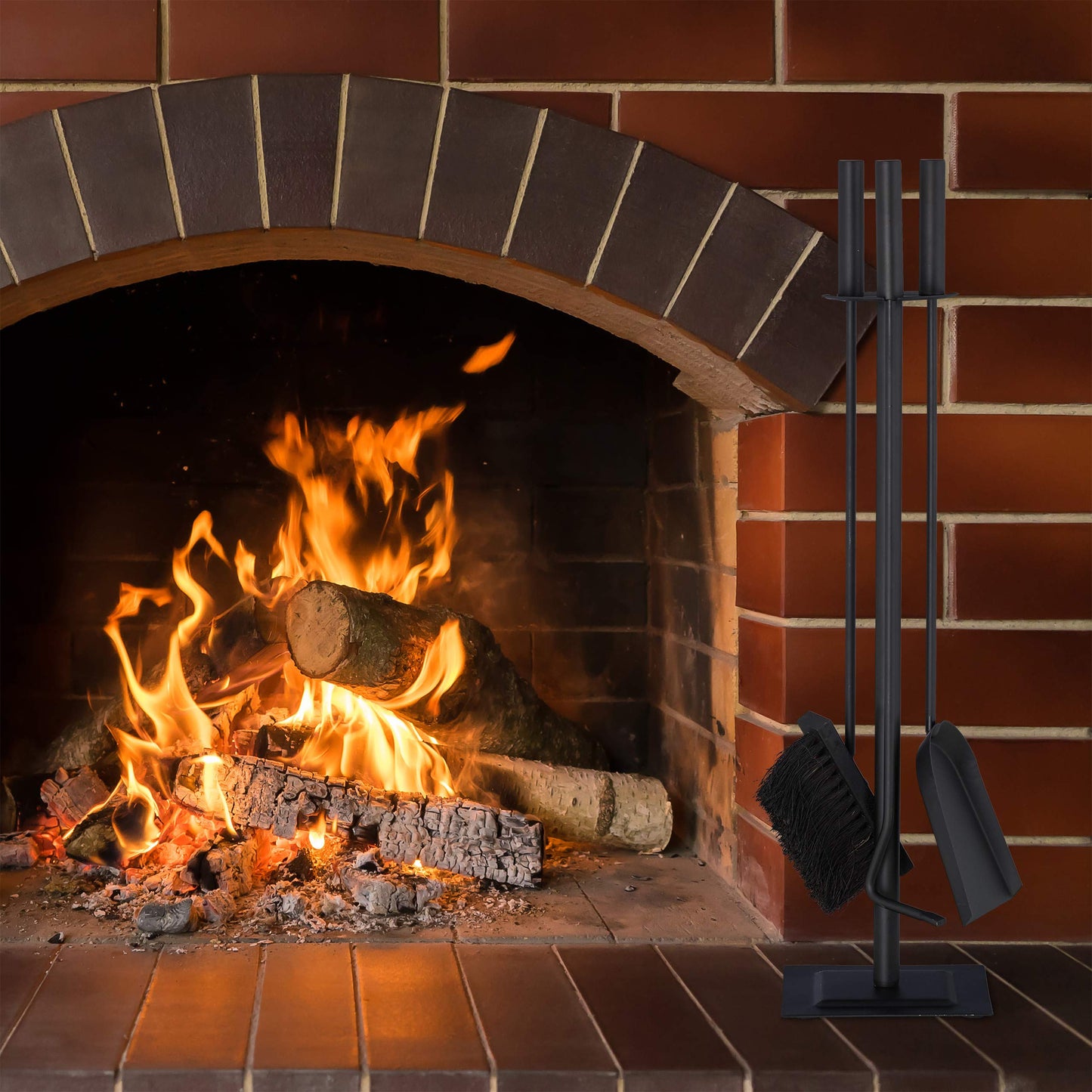 Relaxdays fireplace tool set, 4-piece fireplace equipment with shovel, broom, poker & stand, modern stove tools, black, 61 x 15 x 15 cm