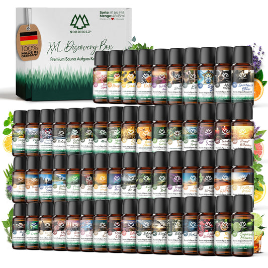NORDHOLZ® Sauna infusion discovery box 24x15ml [#1-#48 PURE ESSENTIAL OILS] Sauna infusion - sauna infusion from Franconia - sauna accessories