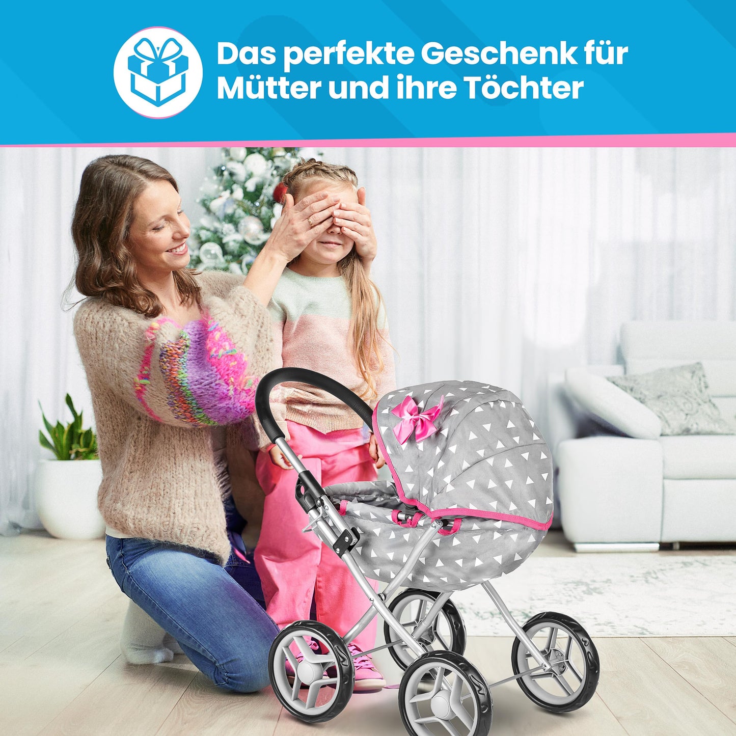 Children's play doll's pram - Lightweight & sturdy with aluminum frame - For dolls up to 40 cm, Indoors & Outdoors - Foldable with canopy & basket, Handle height 54 cm - Gray