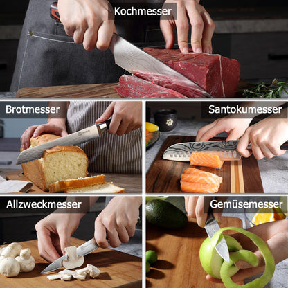 PAUDIN Kitchen Knife Set, 5-piece kitchen knife set made of high-quality carbon stainless steel, ultra-sharp knife set with chef's knife, cleaver, and utility knife.