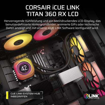 CORSAIR iCUE LINK Titan 360 RX LCD CPU Liquid Cooler - 360mm AIO - FlowDrive Cooling Engine - Intel LGA 1851/1700, AMD AM5/AM4 - 3X RX120 RGB Fans - iCUE LINK System Hub Included - Black