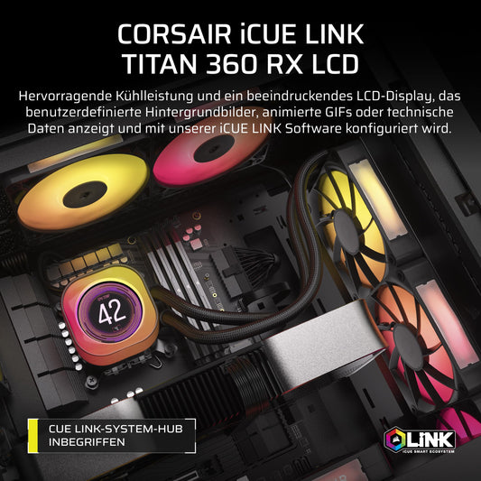 CORSAIR iCUE LINK Titan 360 RX LCD CPU Liquid Cooler - 360mm AIO - FlowDrive Cooling Engine - Intel LGA 1851/1700, AMD AM5/AM4 - 3X RX120 RGB Fans - iCUE LINK System Hub Included - Black