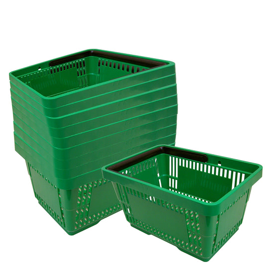 10 plastic shopping baskets with handles, 21 liters, green, stackable, for supermarket.