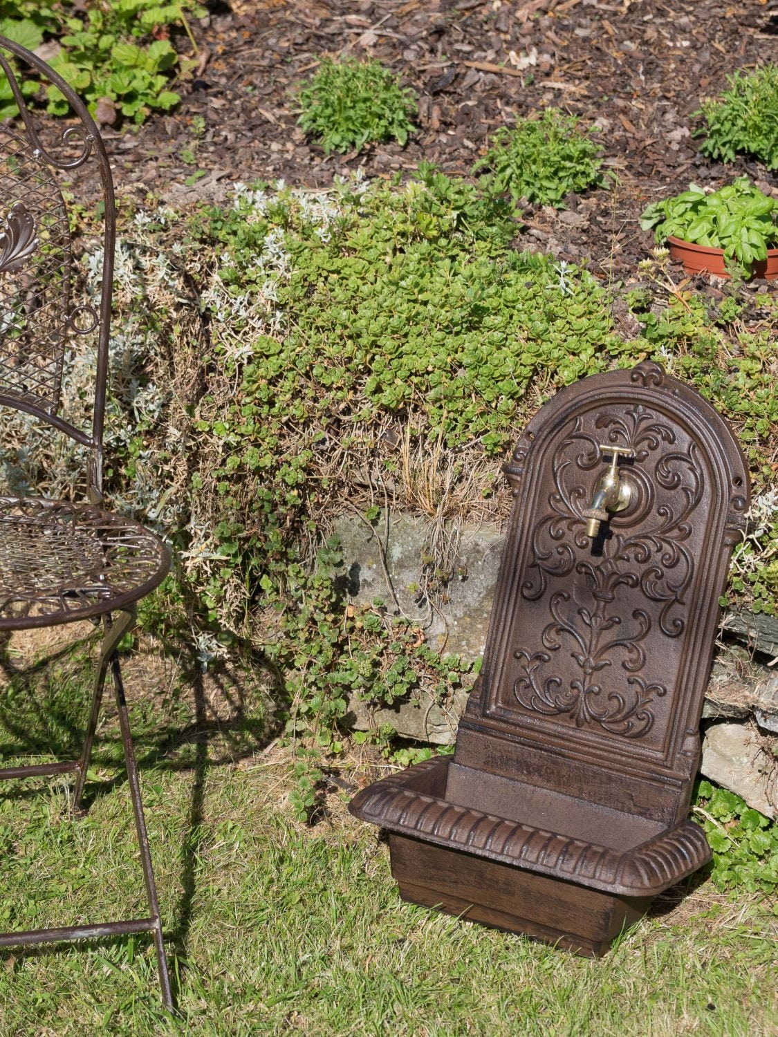 aubaho Fountain 66cm Wash Basin Iron Brown Wall Fountain Garden Antique Style