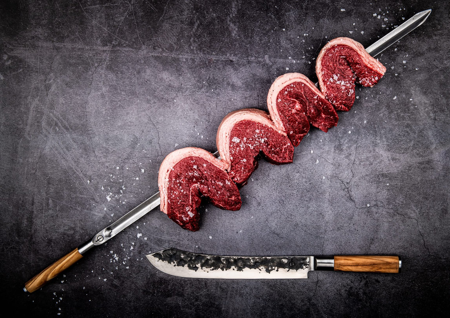 Forged Churrasco BBQ Skewers 60cm, Olive Wood Handle, Stainless Steel, V-Shaped