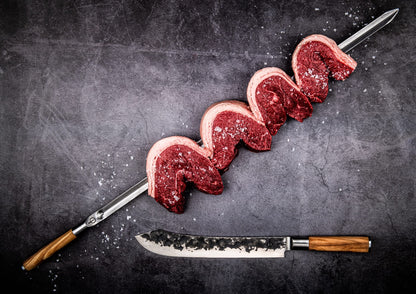 Forged Churrasco BBQ Skewers 60cm, Olive Wood Handle, Stainless Steel, V-Shaped
