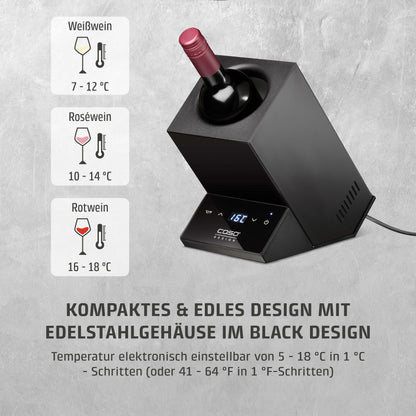CASO WineCase One Black - Design wine cooler for one bottle, temperature range of 5-18°C, for bottles up to 9 cm Ø, sensor touch operation, black stainless steel casing.
