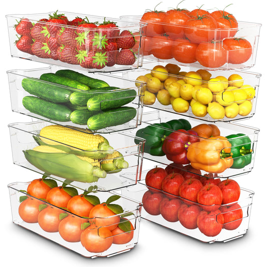 KICHLY high-quality refrigerator organizer set for drawers - set of 8 stackable storage containers for vegetable drawer, kitchen cabinet, shelves, cosmetics, office supplies, tools - BPA-free.