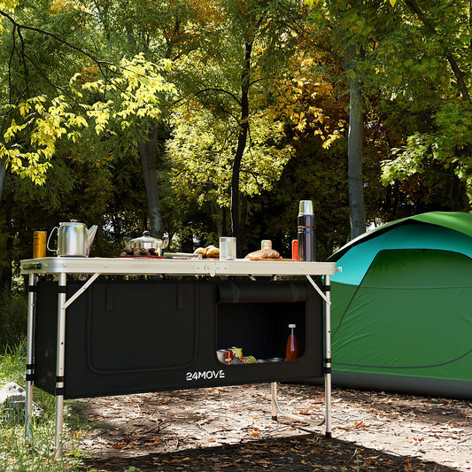 24MOVE® Camping Kitchen Praia, foldable and adjustable camping cupboard made of aluminum with worktop and storage compartments, suitable for outdoor camping, portable.