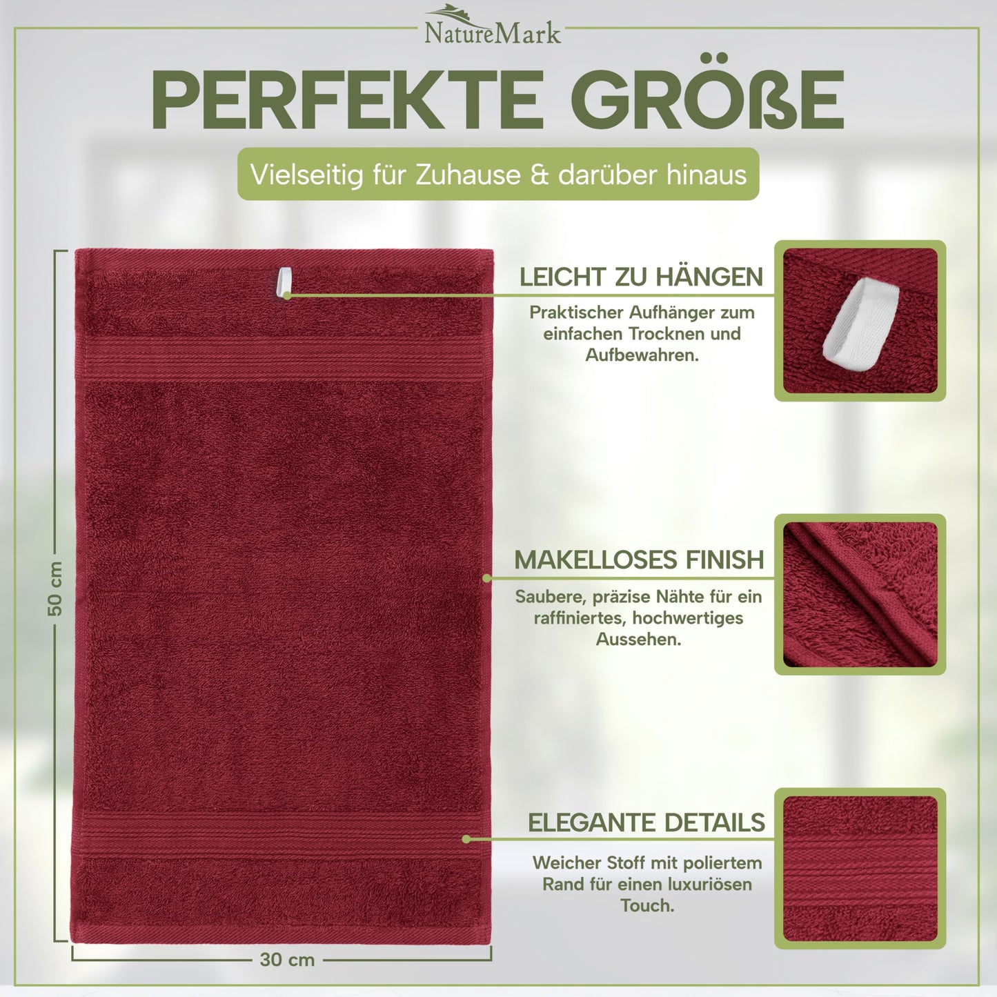 NatureMark guest towels - 12 pack (30x50 cm), 100% cotton, Oeko-Tex certified, soft, absorbent, and easy to care for - for bathroom, guests & spa - Bordeaux Red