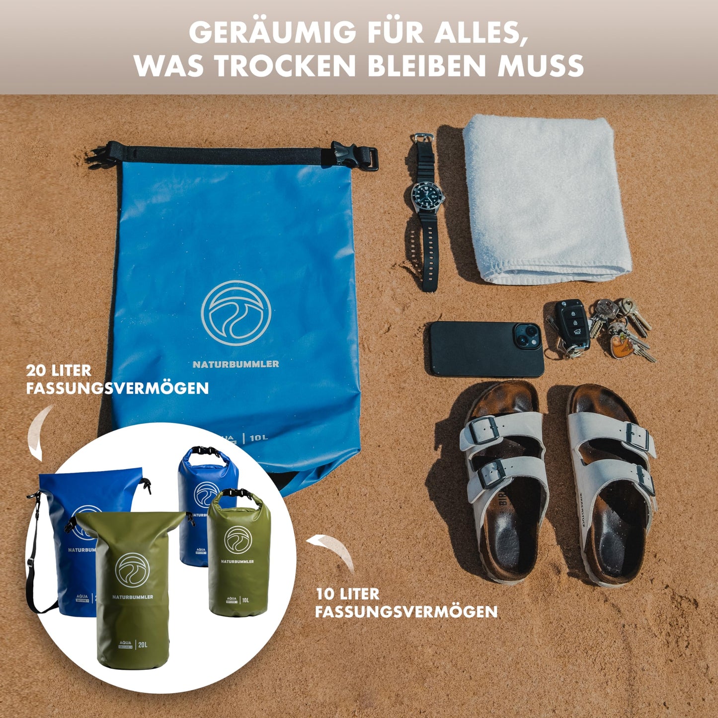 NATURBUMMLER® Dry Bag 10L [Aqua Secure+] 100% waterproof bag with shoulder strap & backpack function - waterproof pack for SUP, fishing, camping & outdoor - Drybag pouch (navy blue)