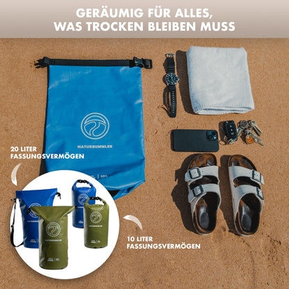 NATURBUMMLER® Dry Bag 10L [Aqua Secure+] 100% waterproof bag with shoulder strap & backpack function - waterproof pack for SUP, fishing, camping & outdoor - Drybag pouch (navy blue)