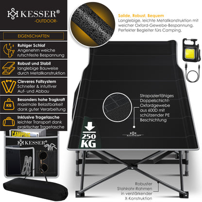 KESSER® Folding Camping Bed with Carry Bag + Side Pocket 210 x 74 x 35cm, supports up to 250kg. Made of sturdy metal frame and 600D Oxford fabric. Portable and comfortable for travel.