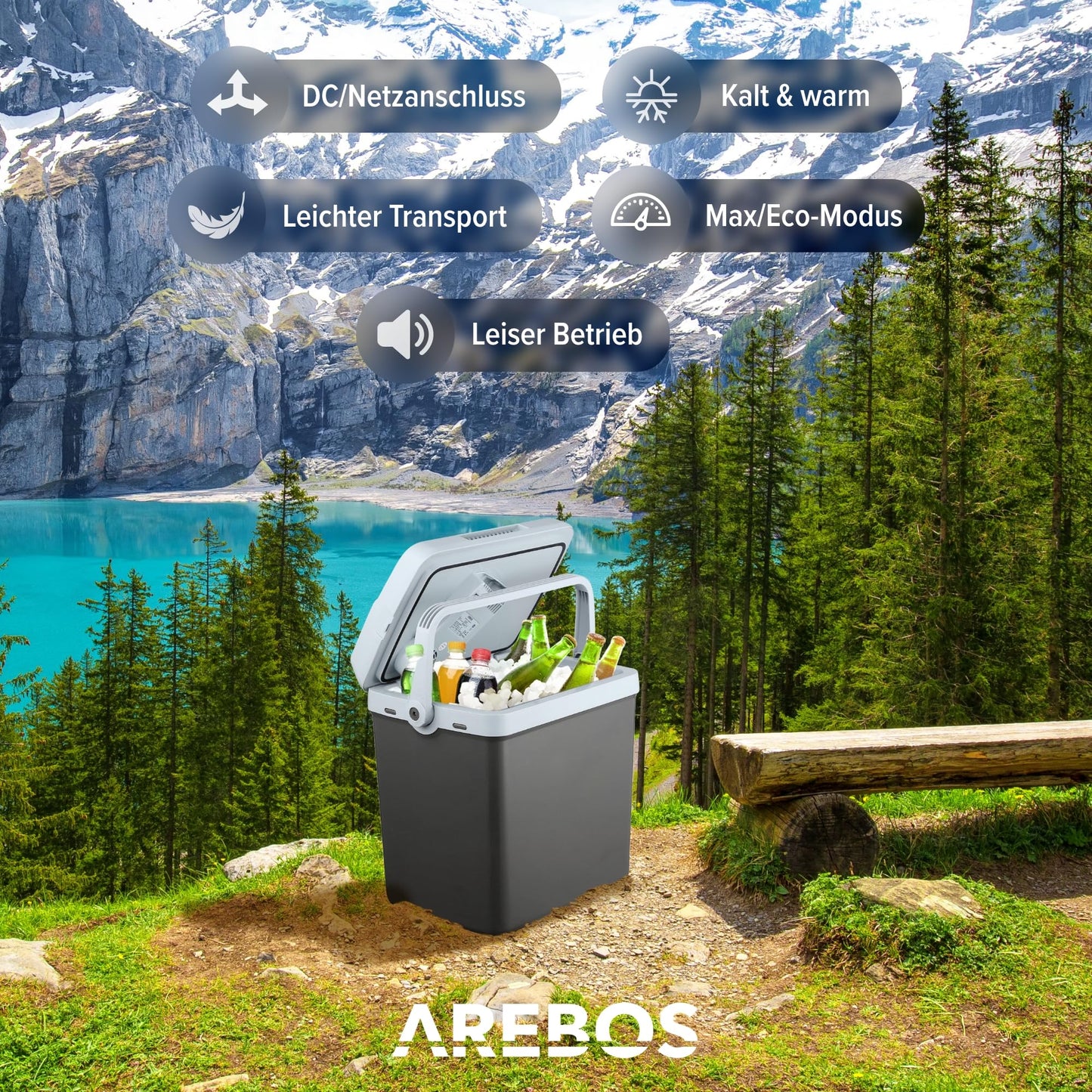 Arebos 25 Liter cooling box | for cooling and keeping warm | Mini fridge | Thermoelectric cooling box | with ECO mode | 12/230 V for car and socket | electric cooling box | Anthracite.