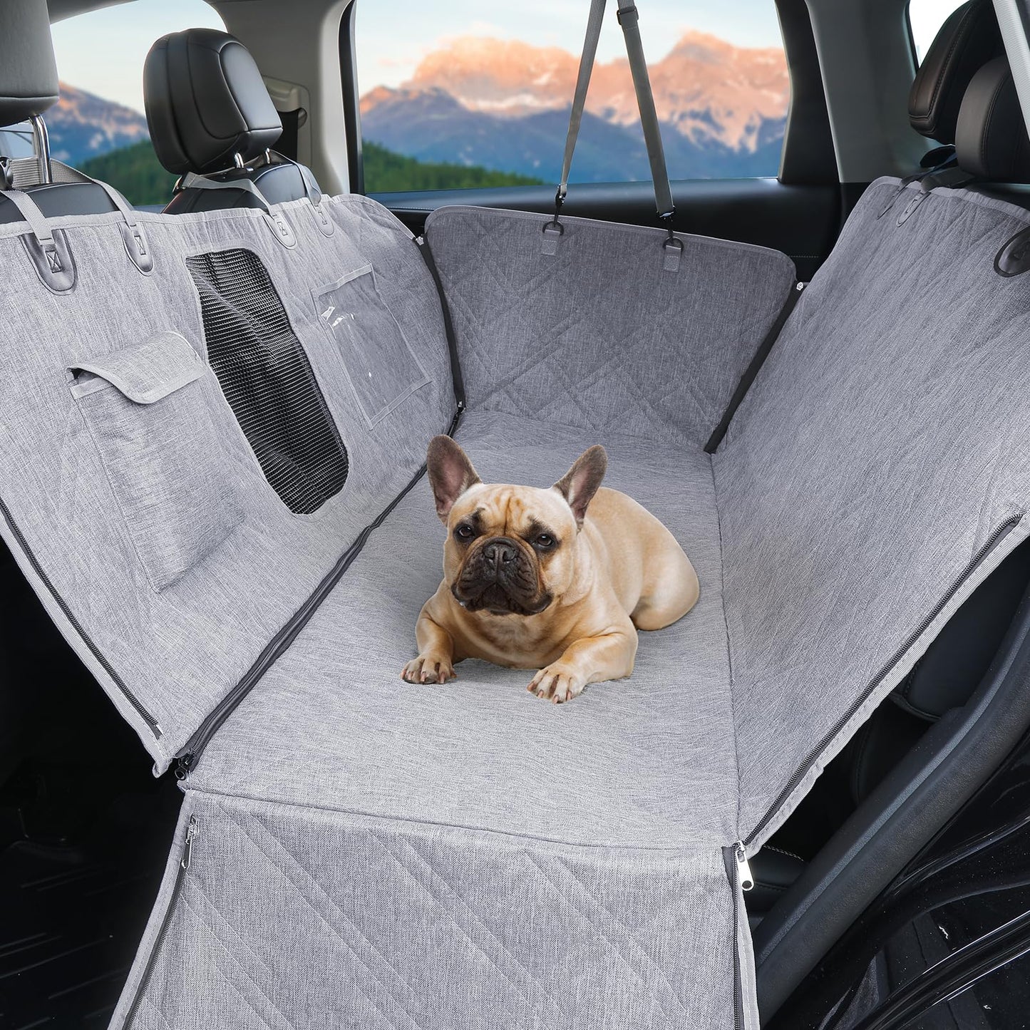 Dog car seat cover, dog car seat mat with PVC window and storage bag, 900D durable, scratch-resistant, non-slip car back seat dog cover with universal size, suitable for cars/trucks/SUVs.